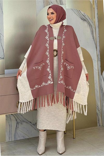 TRENDTESETTÜR Pink Dusty Rose Knitwear Poncho - T 15021 με λεπτομέρεια φούντας