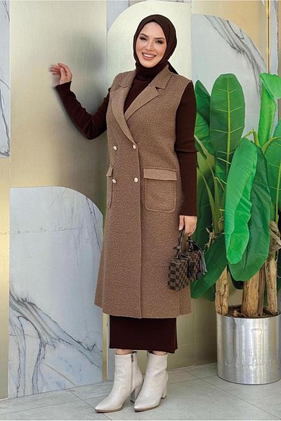 TRENDTESETTÜR Women's Brown Cross Collar Long Vest t 6987