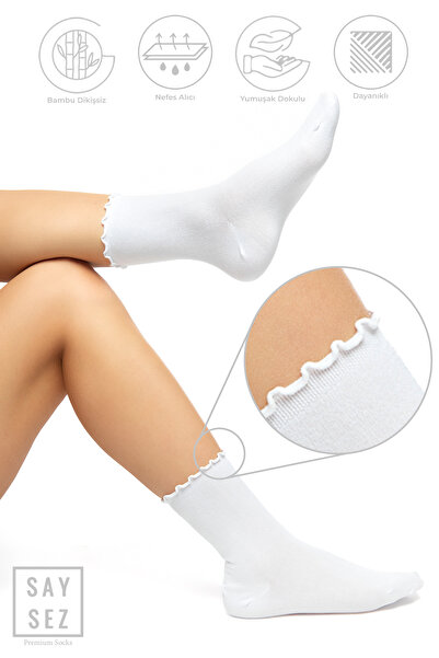 SAYSEZ White Bamboo Women's Socks - Elasticated, Seamless, Ruffled, 3-Pack, No Trace, No Tightening