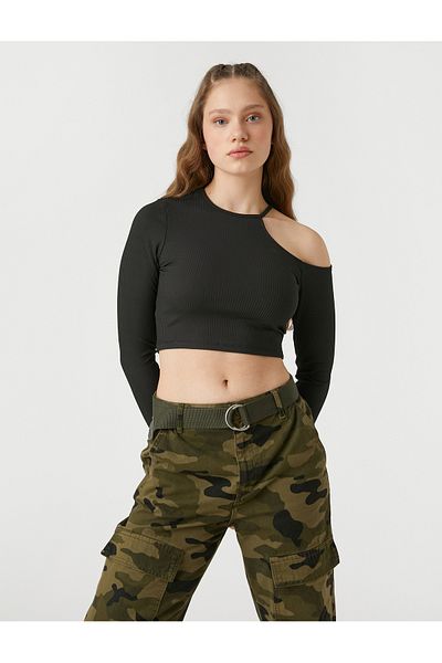 Koton Long Sleeve T-Shirt Crop Window Detailed Crew Neck