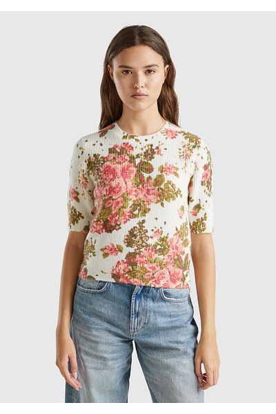 United Colors of Benetton Women's White Wool Blended All Floral Print Crew Neck Short Sweater