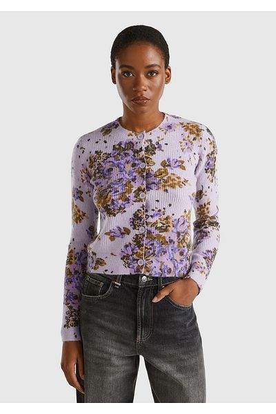 United Colors of Benetton Cardigan scurt pentru femei, amestecat de lână liliac, cu imprimeu floral