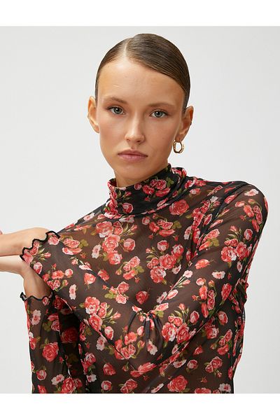 Koton Crop Floral Transparent T-Shirt