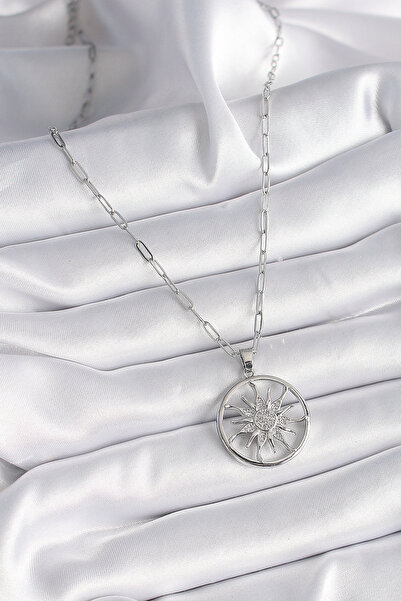 BSRE قلادة نسائية فضية اللون على شكل قلادة شمسية (فولاذ 316L)