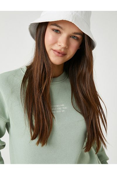 Koton Crew Neck Sweatshirt Slogan Embroidered Long Sleeve