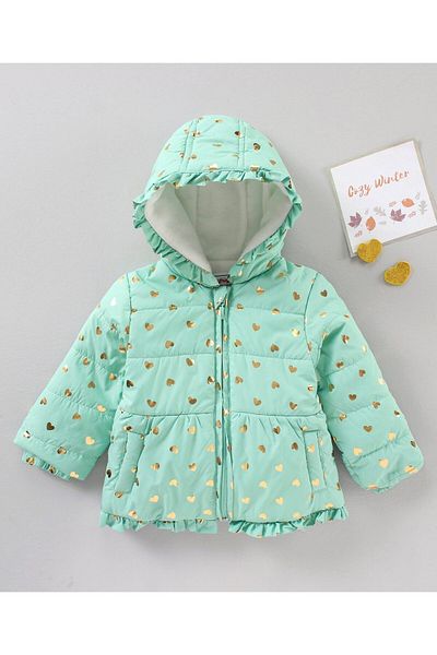 Babyhug Full Sleeves Polyester Hooded Jacket Foil Hearts Print- Green