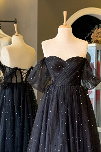 Lenta Moda Siyah İnci Ve Işıldayan Taşlı Midi Boy Drapeli Transparan Abiye ve Gece Elbisesi