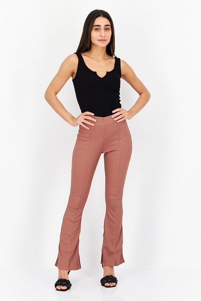 Missyempire Women Ribbed Stretchable Boot Cut Pants, Brown
