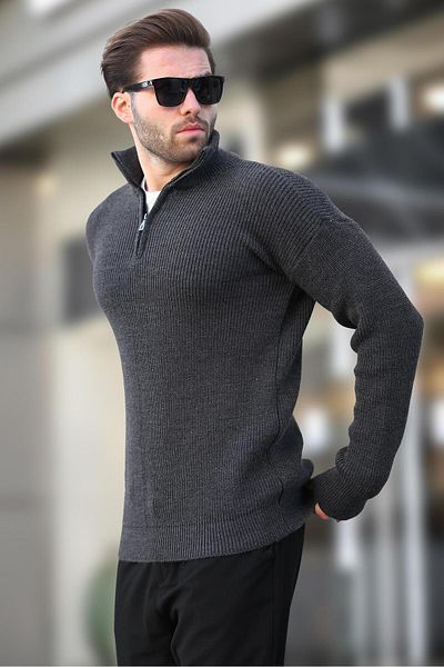 Madmext Anthracite Zipper Collar Knitwear Men's Sweater E7295