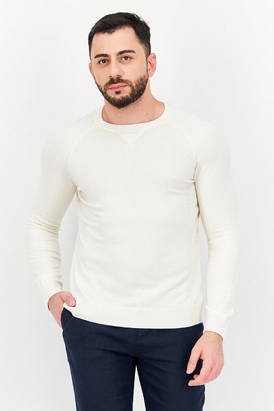 CELIO Men Crew Neck Long Sleeve Plain Sweatshirt, Beige