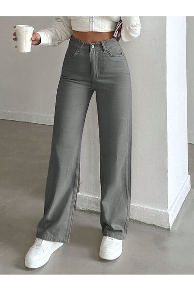 SHEVEGA Women's Gray High Waist Linen Loose Leg Palazzo Pants