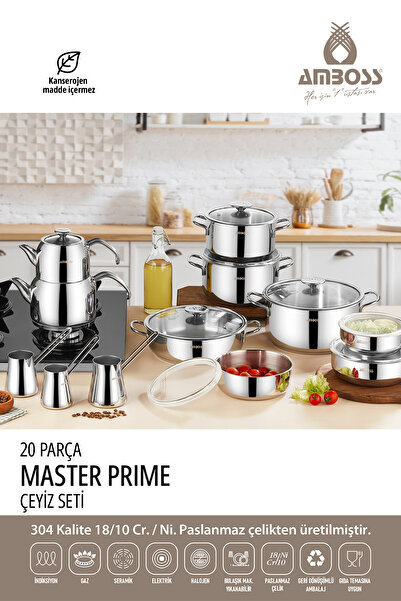 Amboss 20 Parça Master Prime Paslanmaz Çelik Tencere Çeyiz Seti & Çelik Saklama Kabı