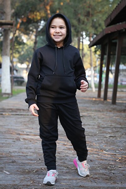 han elegant Dvoudílná dívčí jednobarevná tepláková souprava s klokaní kapsou s kapucí