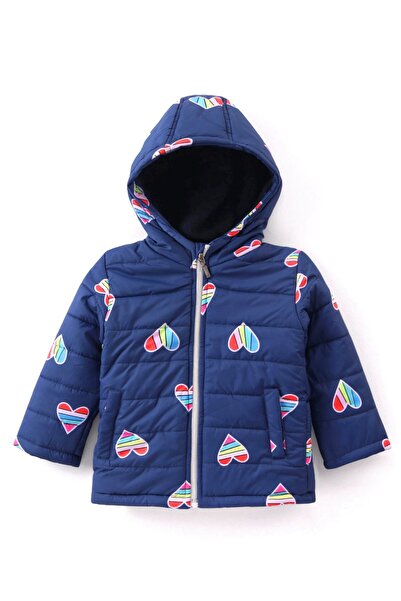 Babyhug - جاكيت مبطن بأكمام طويلة مع غطاء رأس مطبوع عليه قلوب - أزرق داكن