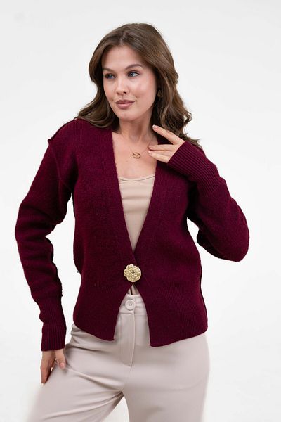 WOMAN VISION Detaliu cu un singur buton, decoltat, cu mânecă lungă, cusătură inversă, tricotaj burgundy Cardigan 3481
