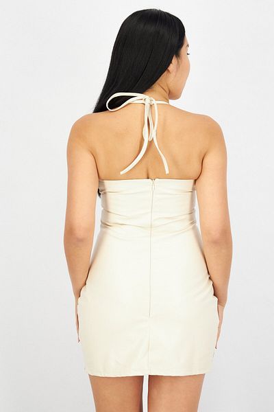 Missyempire Women Halter Neck Colorblock Mini Dress, Beige