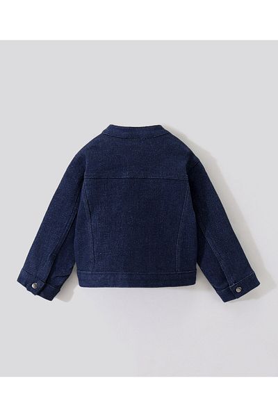 Bonfino Full Sleeves Denim Zipper Jacket With Badges- Navy Blue