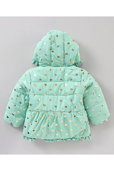 Babyhug Full Sleeves Polyester Hooded Jacket Foil Hearts Print- Green