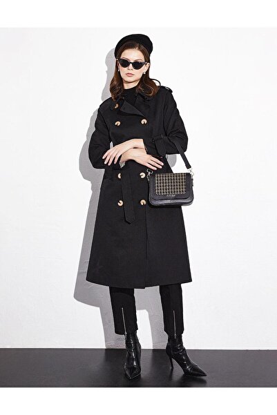 Kayra Kruvaze Düğmeli Kemer Detaylı Kap Siyah