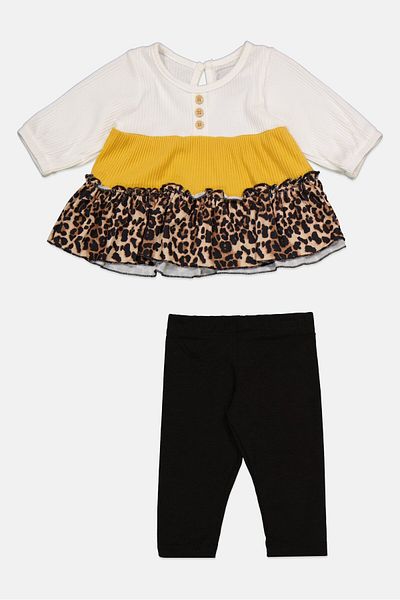 Rare Edition's Toddler Girl 2 Piece Knit Printed Tiered Top And Legging Set, Ivory