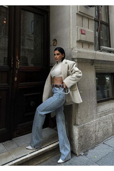 HLT JEANS Blue Snow Blugi de damă cu picioare largi, talie înaltă Palazzo Lycra, pantaloni elastici din denim JESSICA-2039