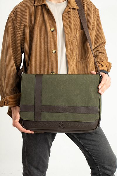 By Hakan Mega 418 UNISEX Καμβάς τσάντα Messenger με λουράκι - ΠΡΑΣΙΝΟ/ΚΑΦΕ