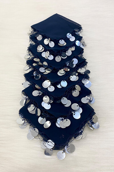 ZEYMERADE Lacivert Gümüş Şifon Halay Mendili 1 Adet, Gelin Damat Düğün Kına S...