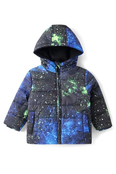 Babyhug Woven Full Sleeves Front Open Padded Hooded Jacket with Abstract Print - Black