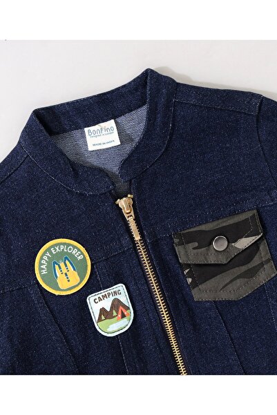 Bonfino Full Sleeves Denim Zipper Jacket With Badges- Navy Blue
