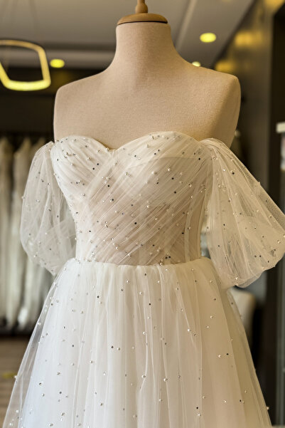 Lenta Moda Beyaz İncili Ve Işıldayan Taşlı Midi Boy Drapeli Transparan Abiye ve Gece Elbisesi