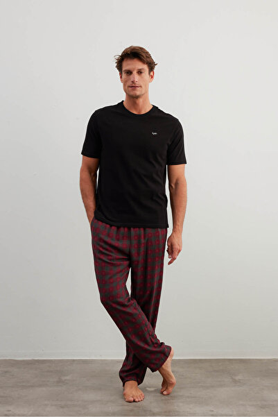 Syah Erkek Dokuma Cepli Uzun Pijama Altı
