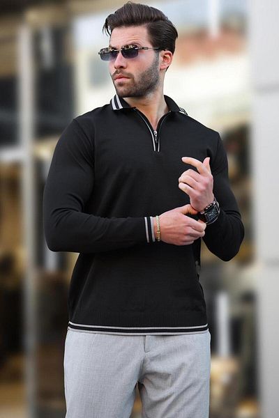 Madmext Black Zipper Collar Stripe Detailed Men's Sweater E7290