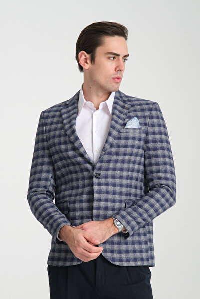 Frappoli Cabrio Erkek Lacivert-Gri Ekose Desenli Slim Fit Mono Yaka Blazer Ceket