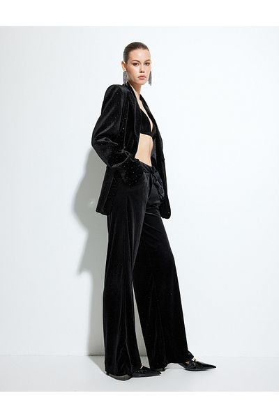 Koton Wide Leg Stoned Velvet Trousers with Pockets