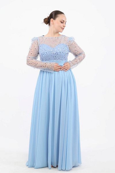 Aperla Βραδινό φόρεμα Princess Chiffon με μακρυμάνικο λαιμόκοψη με χάντρες
