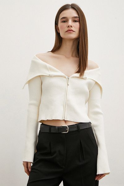 Never more Ecru Zippered Handkerchief Collar Cardigan