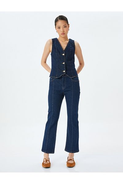 Koton Flared Leg Ribbed Buttoned Waist Bootcut Jean Trousers