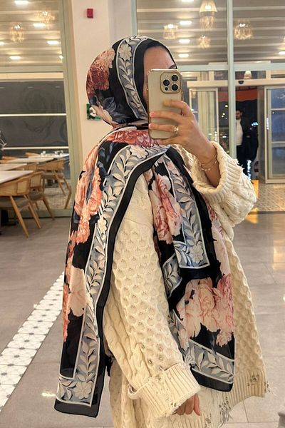 Merve Nayir Σάλι με λουλουδάτο μοτίβο εισαγόμενο μεταξωτό Voile - Hijab