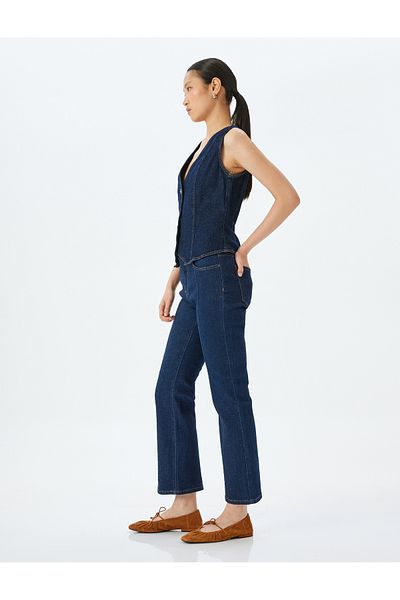 Koton Flared Leg Ribbed Buttoned Waist Bootcut Jean Trousers