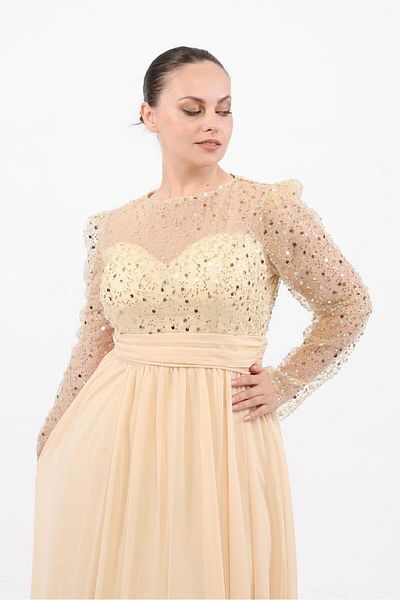 Aperla Βραδινό φόρεμα Princess Chiffon με μακρυμάνικο λαιμόκοψη με χάντρες