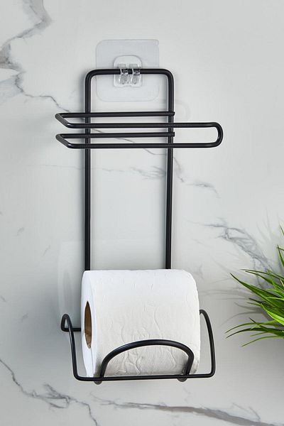 ORSA HOME Black Wc Paper Holder with 717 Strong Magic Adhesive Strap and Spare Chamber