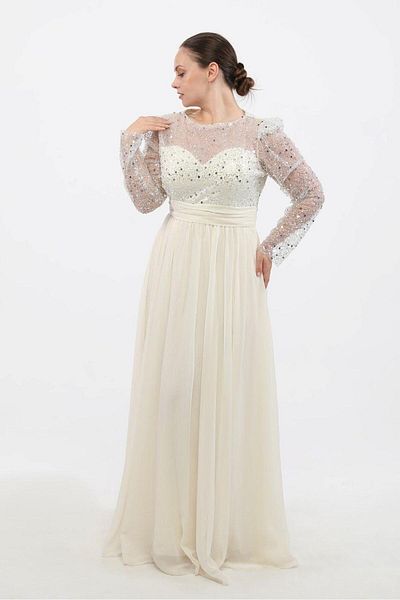 Aperla Beading Embroidered Crew Neck Long Sleeves Lining Inside Princess Chiffon Evening Dress