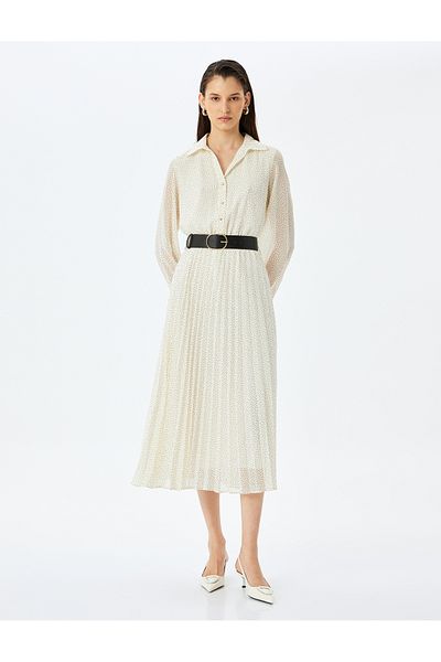 Koton Pleated Long Sleeve Polka Dot Midi Shirt Dress