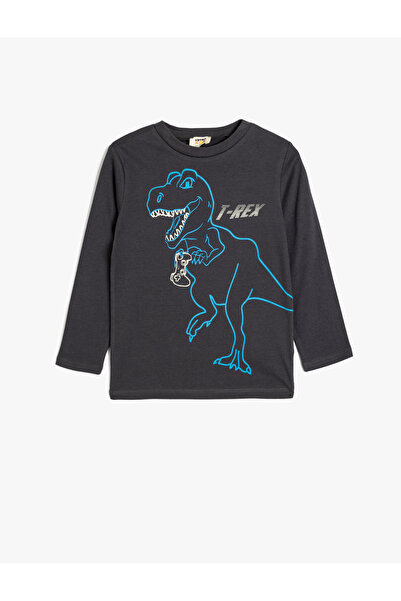 Koton Dinozorlu Tişört Uzun Kollu Bisiklet Yaka Pamuklu