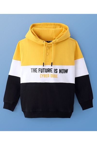 Pine kids Cotton Knit Full Sleeves Hooded Sweatshirt With Color Block &Text Print-Yellow/Black/White