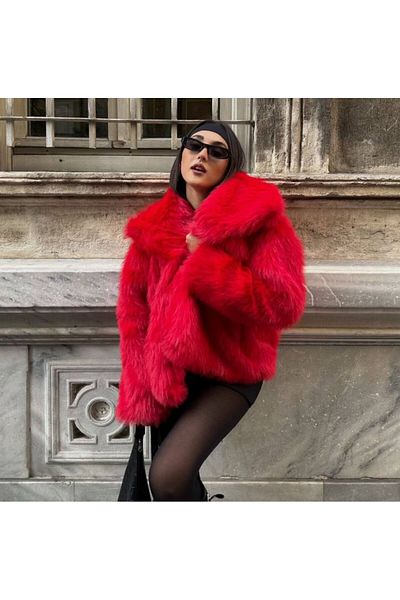 TİENDEROPA Premium Fur Plush - Touch Oversize Coat Red