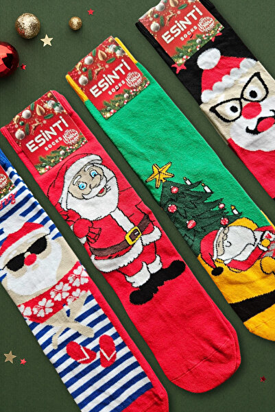 Esinti Чоловічий, жіночий, дитячий набір довгих кольорових новорічних шкарпеток з тематикою Діда Мороза в подарунковій коробці, 4 штуки
