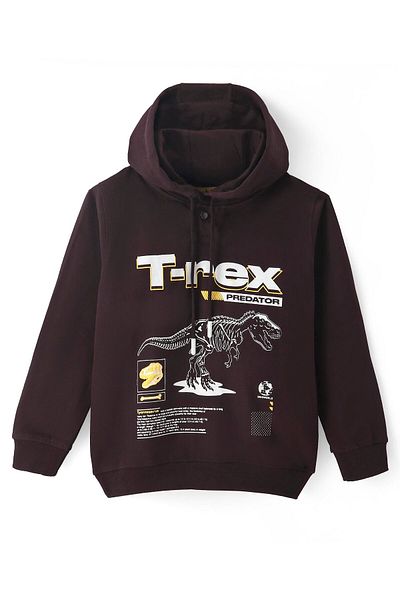 Pine kids Cotton Knit Full Sleeves Hooded Sweatshirt with Dino Print - Brown