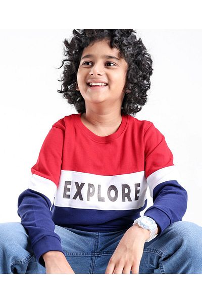 Pine kids 100% Cotton Knit Full Sleeves Biowashed Sweatshirt Explore Print - Red White & Blue