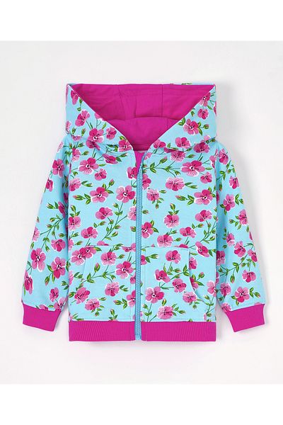 Babyhug Full Sleeves Hooded Sweatshirt Floral Print- Pink Blue